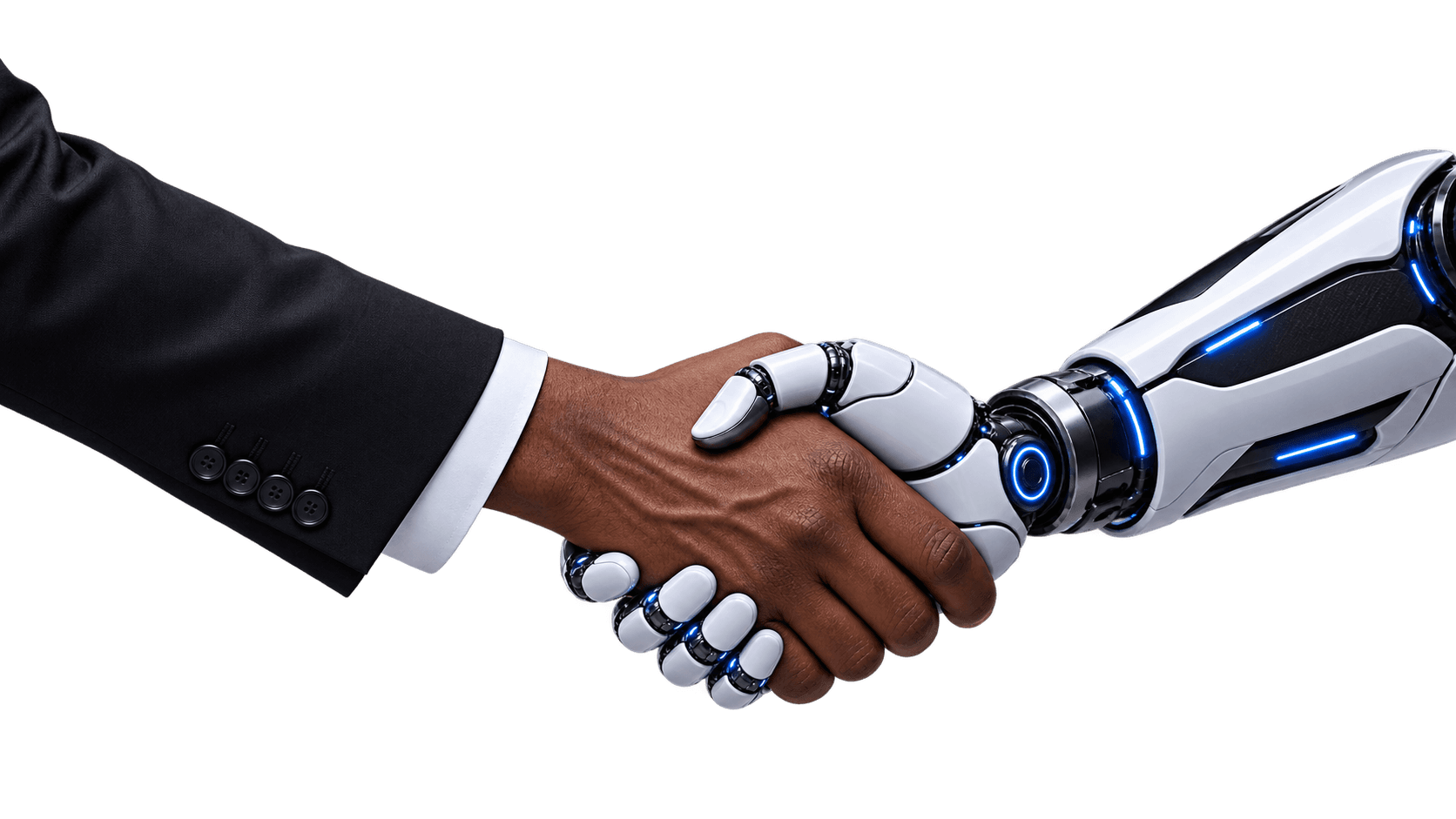 A business professional shaking hands with a robotic hand, representing legal expertise meeting technology